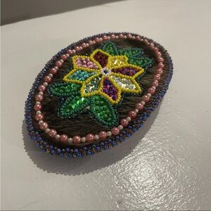 Vintage Beaded Hair On Hide Leather Barrette Floral Seed Bead Boho Native